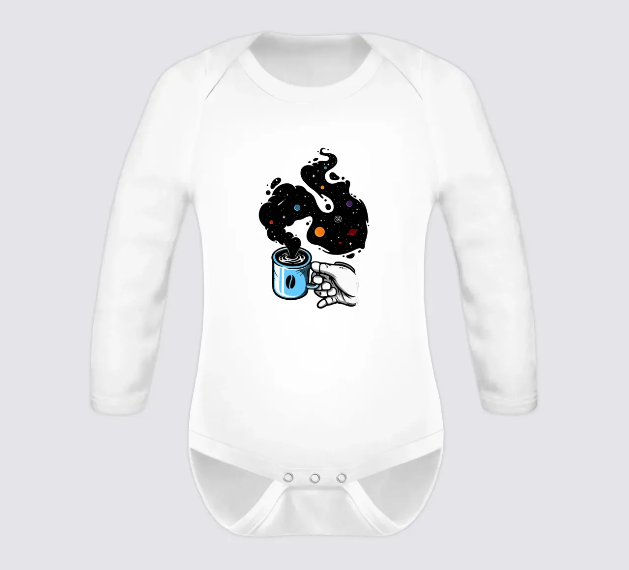 Space Coffee long-sleeve baby romper by LM2KONE