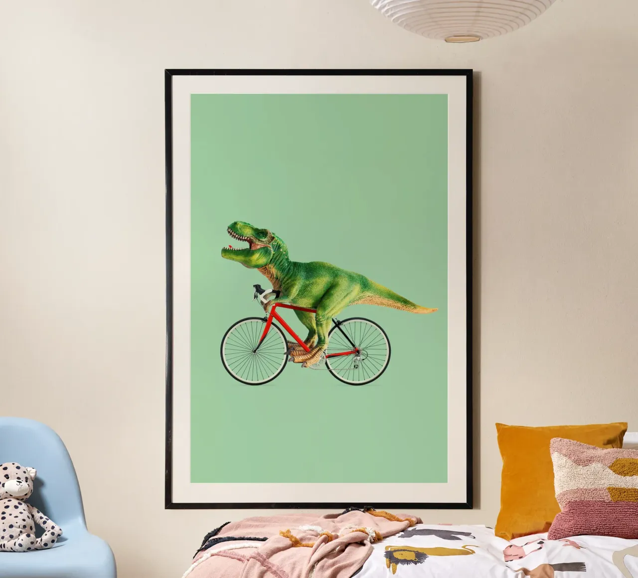 Dino Bike poster with wooden frame by Jonas Loose