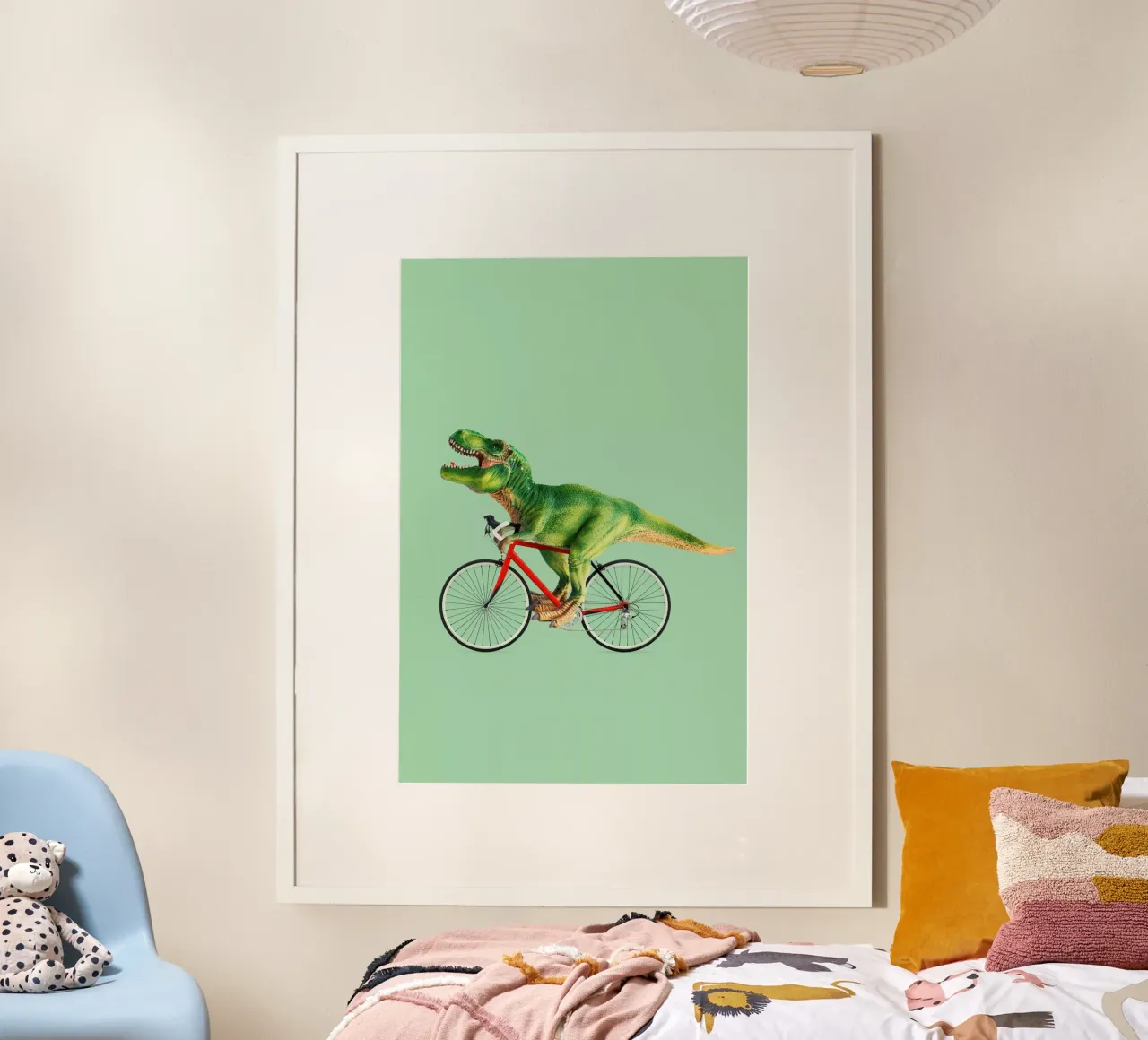 Dino Bike poster with wooden frame by Jonas Loose