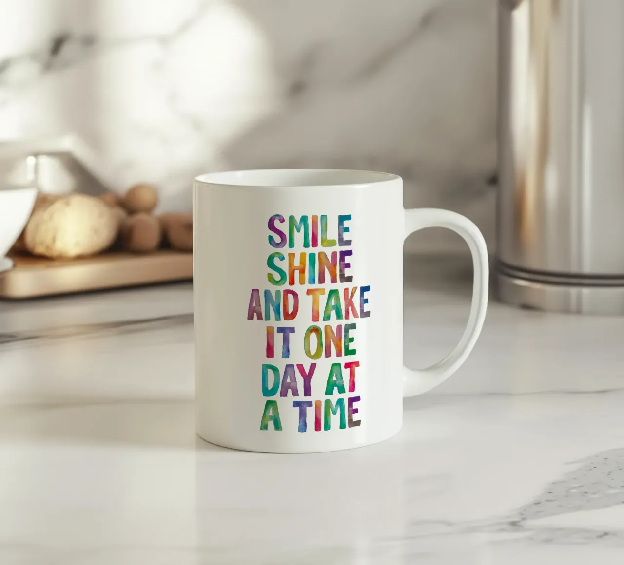 Smile Shine and Take it One Day at a Time Typography Print ceramic mug by THE MOTIVATED TYPE