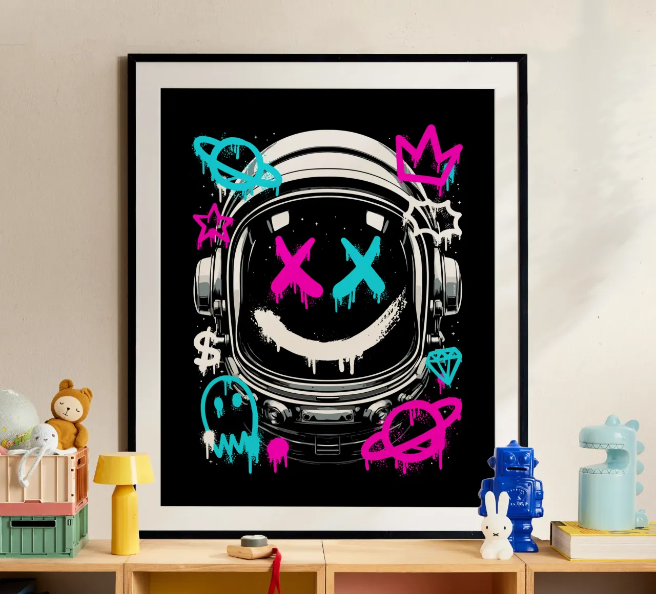 Graffiti di astronauti urbani poster con telaio in legno da LM2KONE