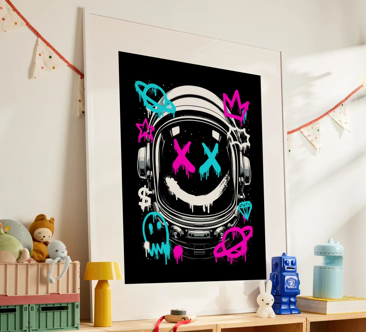 Graffiti di astronauti urbani poster con telaio in legno da LM2KONE