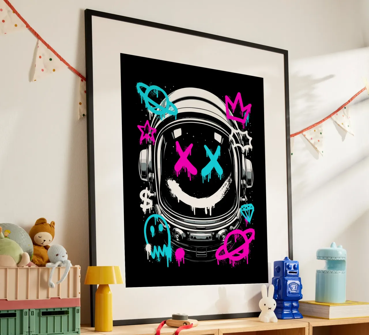 Graffiti di astronauti urbani poster con telaio in legno da LM2KONE