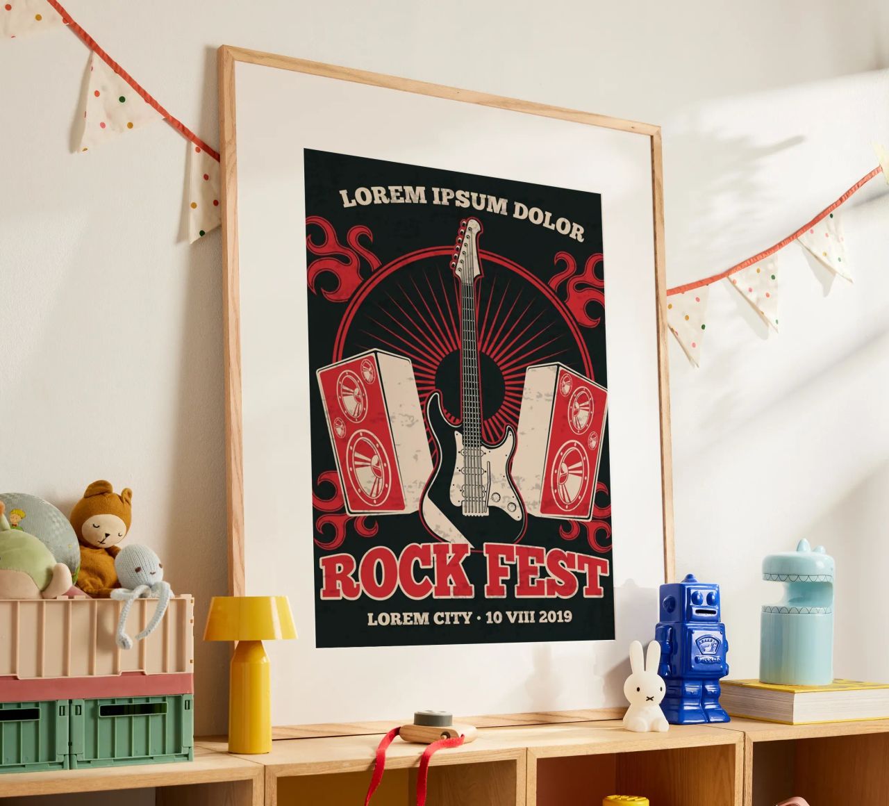 Retro rock music band poster with guitar Poster von SoundStudio