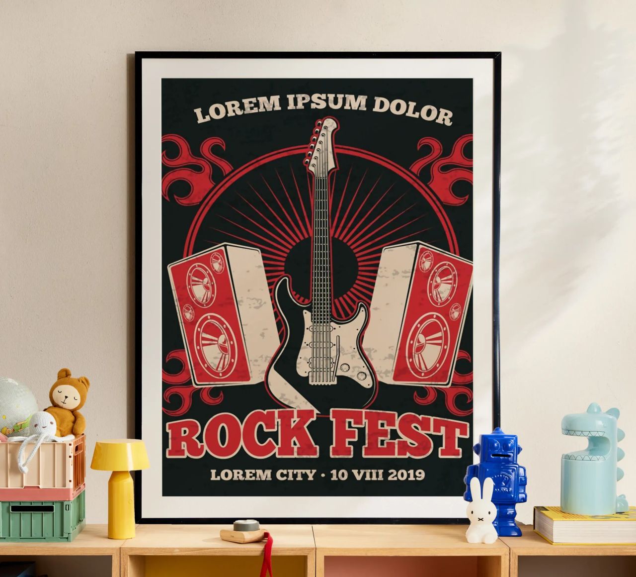 Retro rock music band poster with guitar Poster von SoundStudio