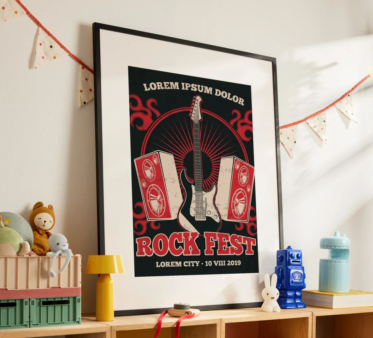 Retro rock music band poster with guitar Poster von SoundStudio