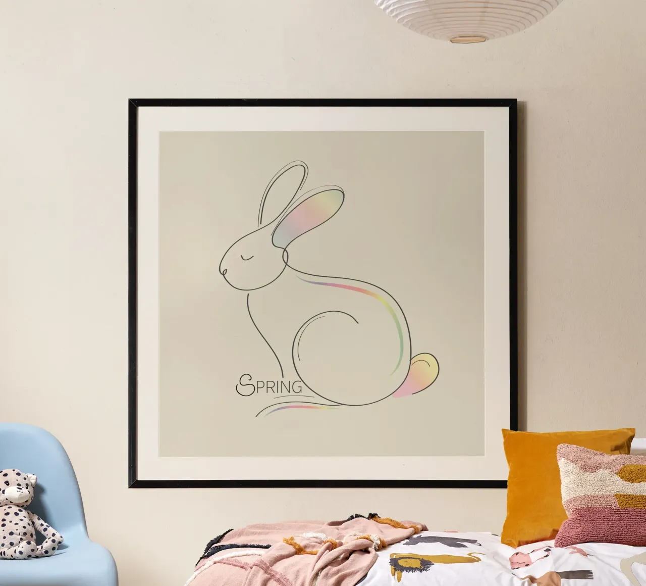 Illustrazione minimalista di un coniglietto per la primavera poster da namosh