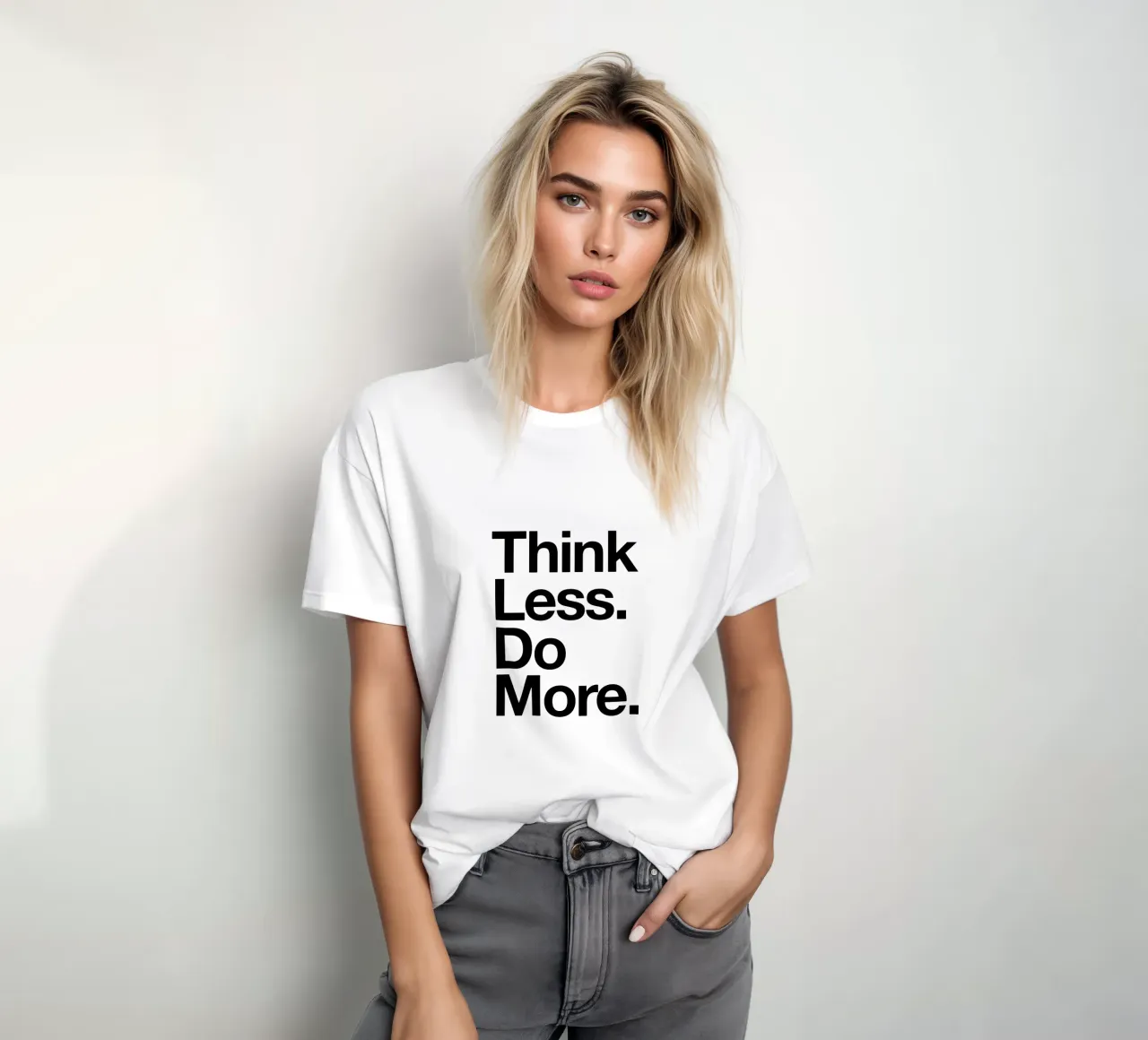 Think Less Do More Typography Print in Black and White t-shirt by THE MOTIVATED TYPE