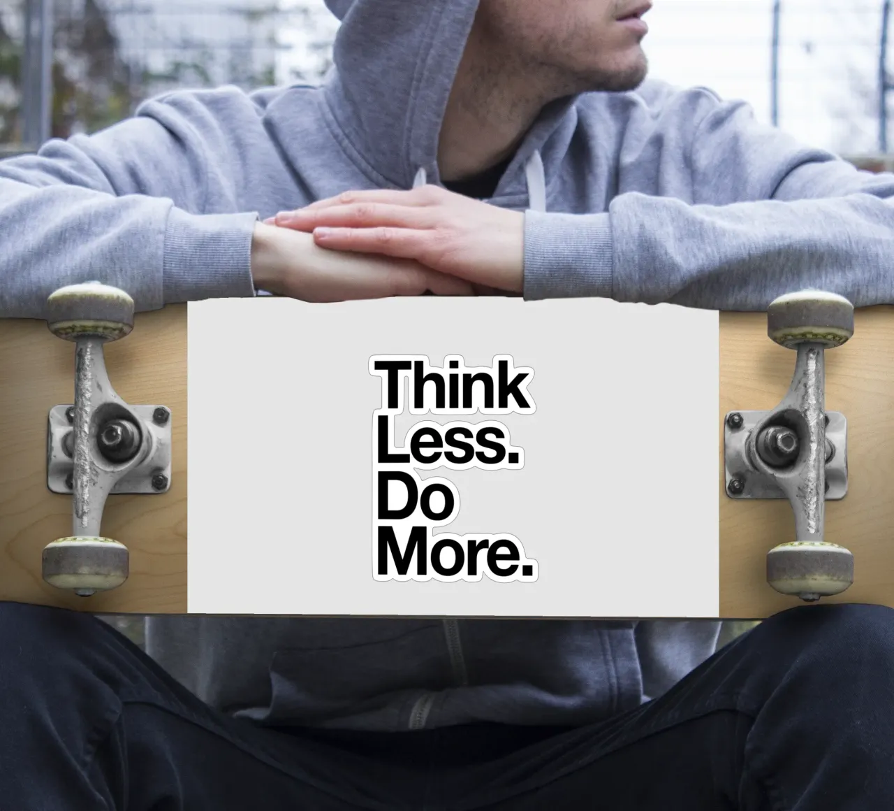 Think Less Do More Typography Print in Black and White sticker by THE MOTIVATED TYPE