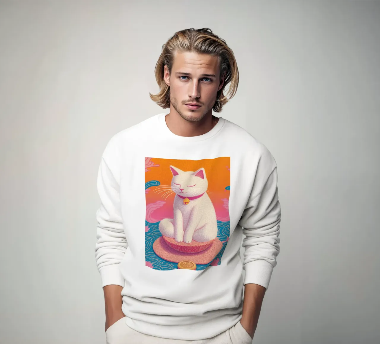 Serene White Cat Zen-Inspired Meditation Room Peace Animal sweatshirt by Kaji