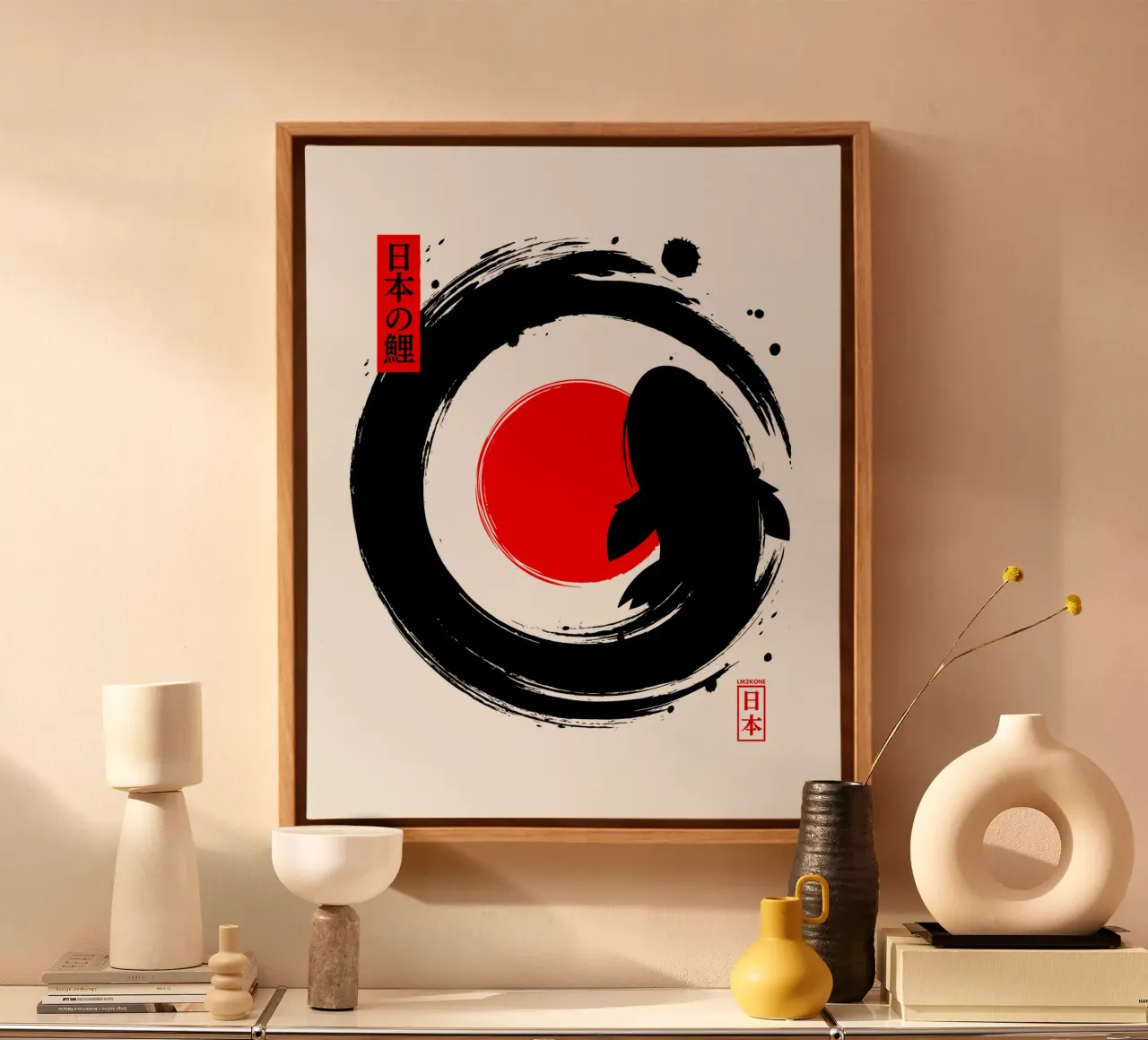 Black Koi Enso giapponese tela con Cornice a cassetta da LM2KONE