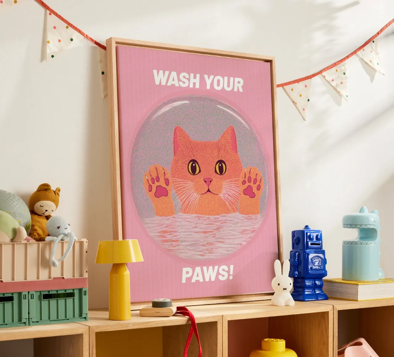 Lavati le zampe! Gatto umoristico divertente Arte da parete per il bagno & Pop Art tela con Cornice a cassetta da Kaji