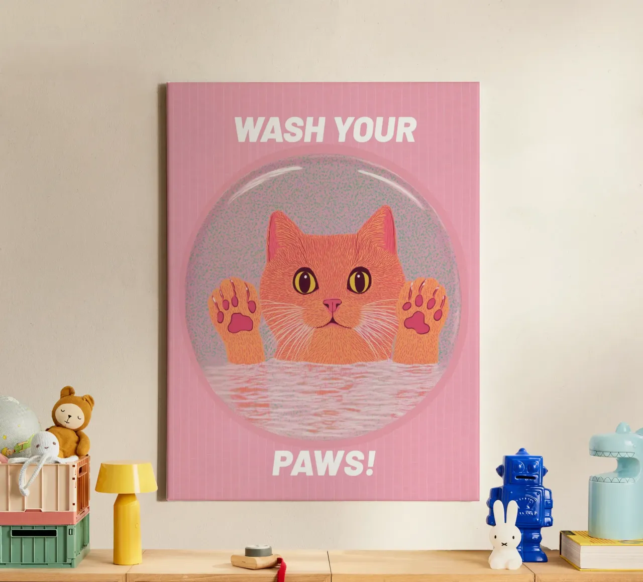 Lavati le zampe! Gatto umoristico divertente Arte da parete per il bagno & Pop Art tela con Cornice a cassetta da Kaji