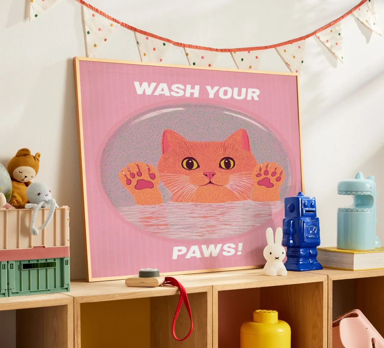 Lavati le zampe! Gatto umoristico divertente Arte da parete per il bagno & Pop Art poster con telaio in plastica da Kaji