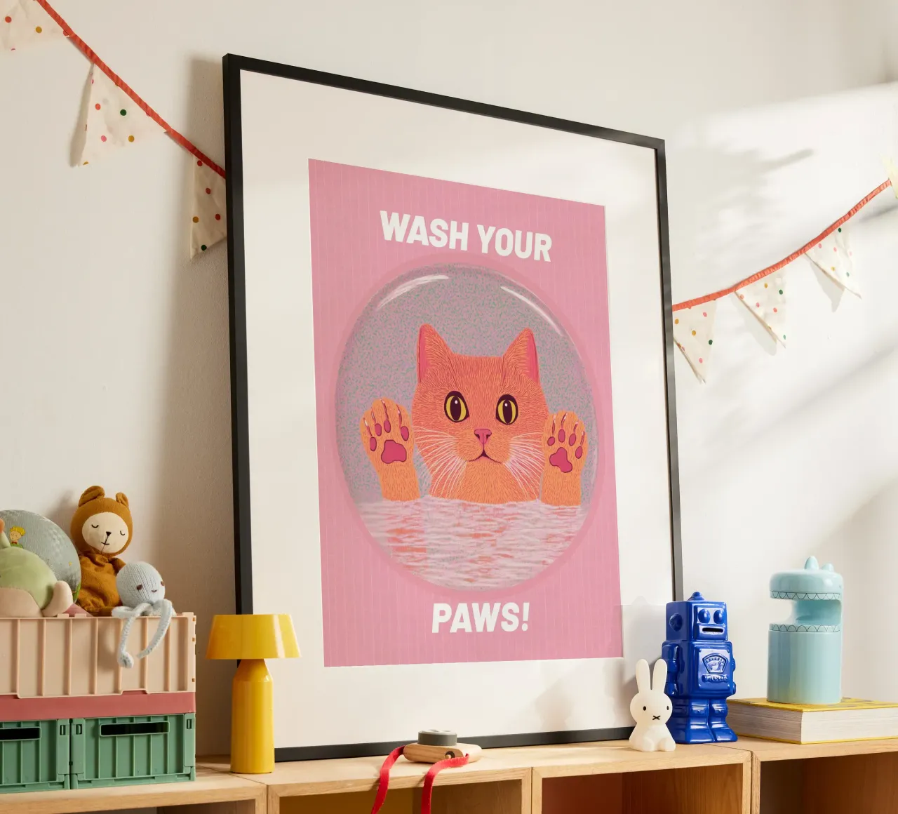 Lavati le zampe! Gatto umoristico divertente Arte da parete per il bagno & Pop Art poster con telaio in plastica da Kaji