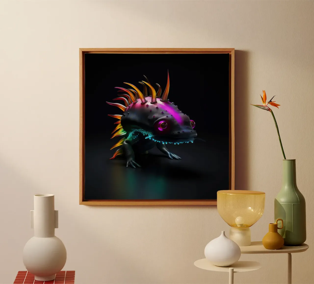 Axolotl luminoso al neon tela con Cornice a cassetta da Animal Portraits