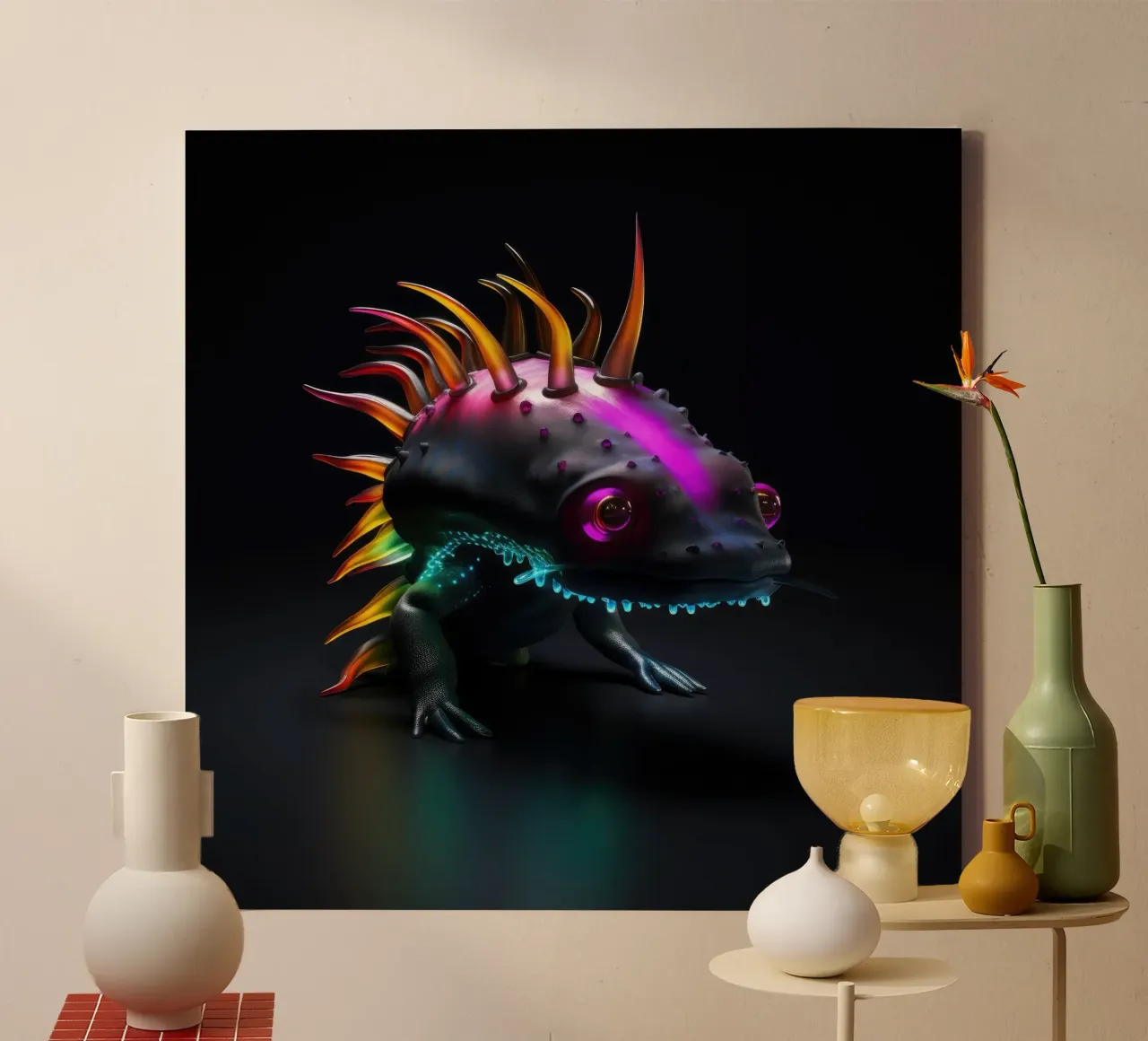 Axolotl luminoso al neon tela con Cornice a cassetta da Animal Portraits