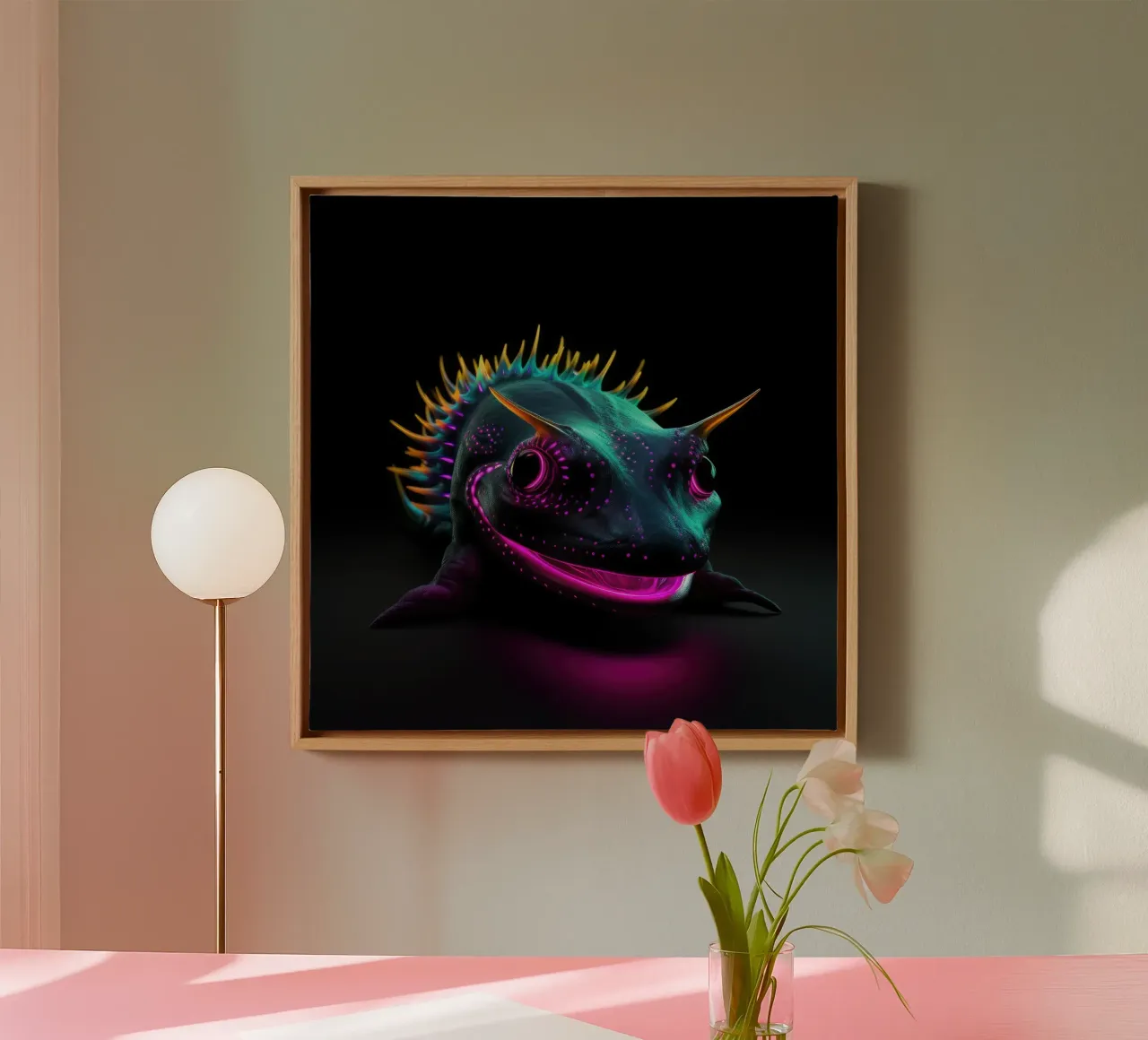 Neon Glowing Axolotl canvas by Animal Portraits
