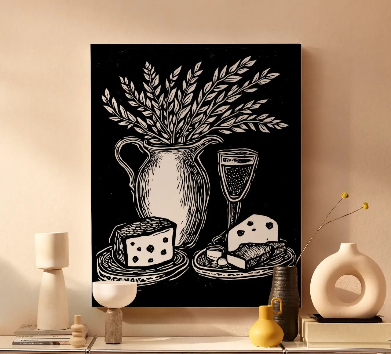 Wine, Wheat, and Cheese tela con Cornice a cassetta da Indigo Rain