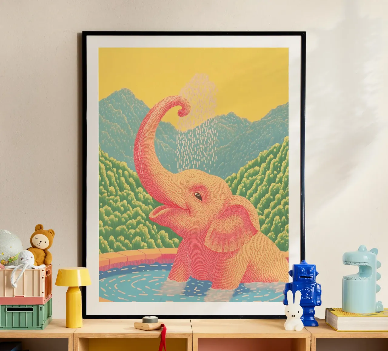 Elefante rosa in grassetto: Arte da parete per la doccia e il bagno in stile Pop-Art poster da Kaji