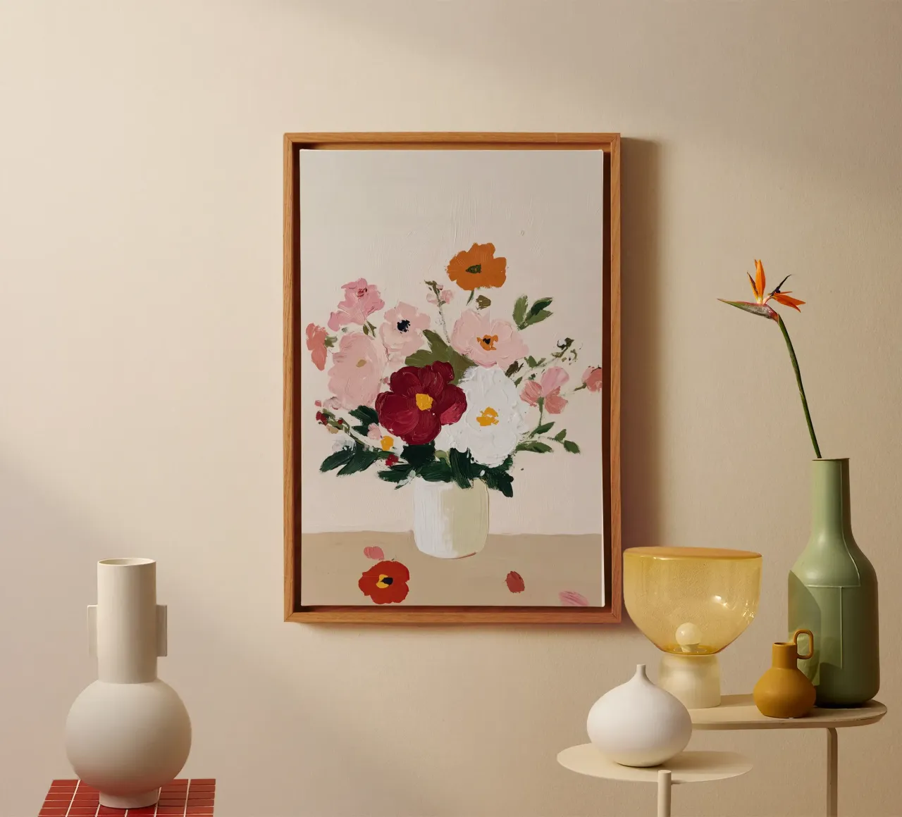 Bloemen abstract, kleurrijke kunstreproducties, abstracte bloemen Poster canvas met Baklijst van Little Lila