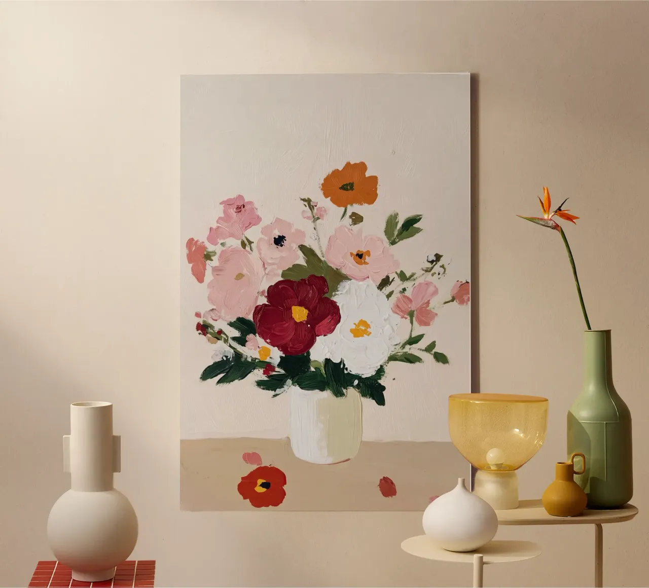 Bloemen abstract, kleurrijke kunstreproducties, abstracte bloemen Poster canvas met Baklijst van Little Lila