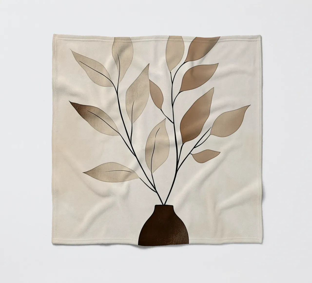 Beige leafy branch with vase fleece blanket by Carinaprint