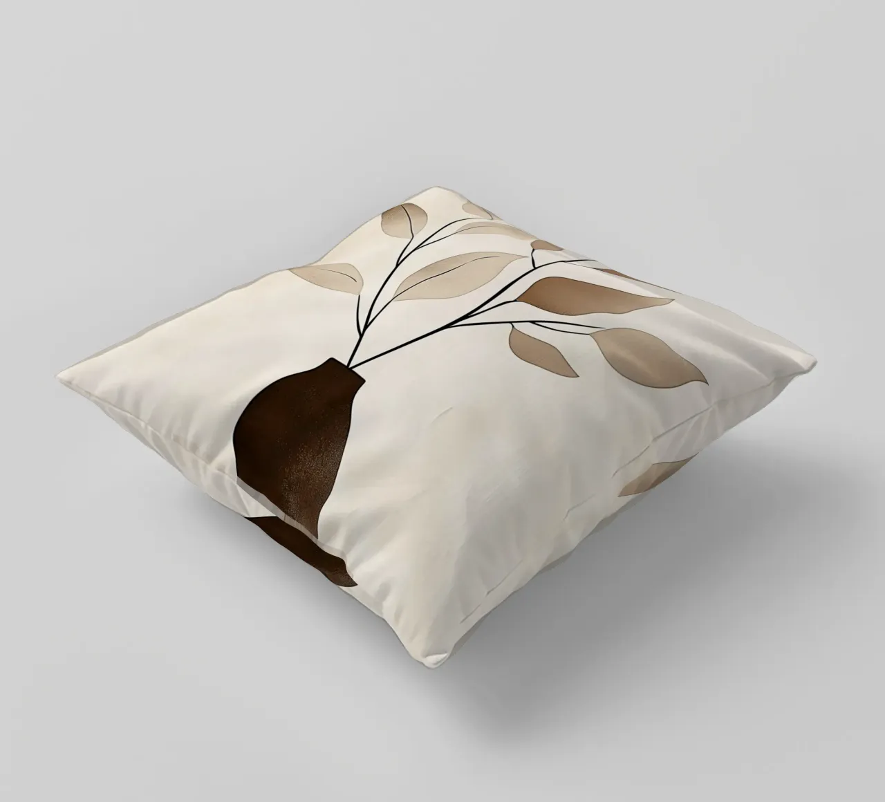 Beige leafy branch with vase decorative cushion by Carinaprint