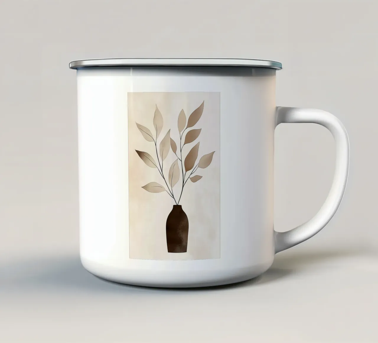 Ramo di foglie beige con vaso tazza in smalto da Carinaprint