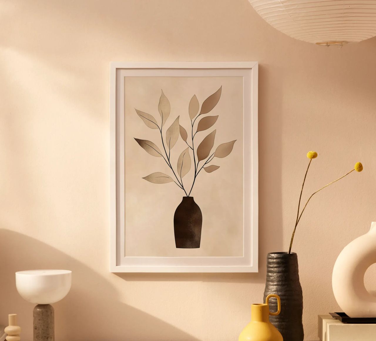 Beiger Blätterzweig mit Vase Poster von Carinaprint