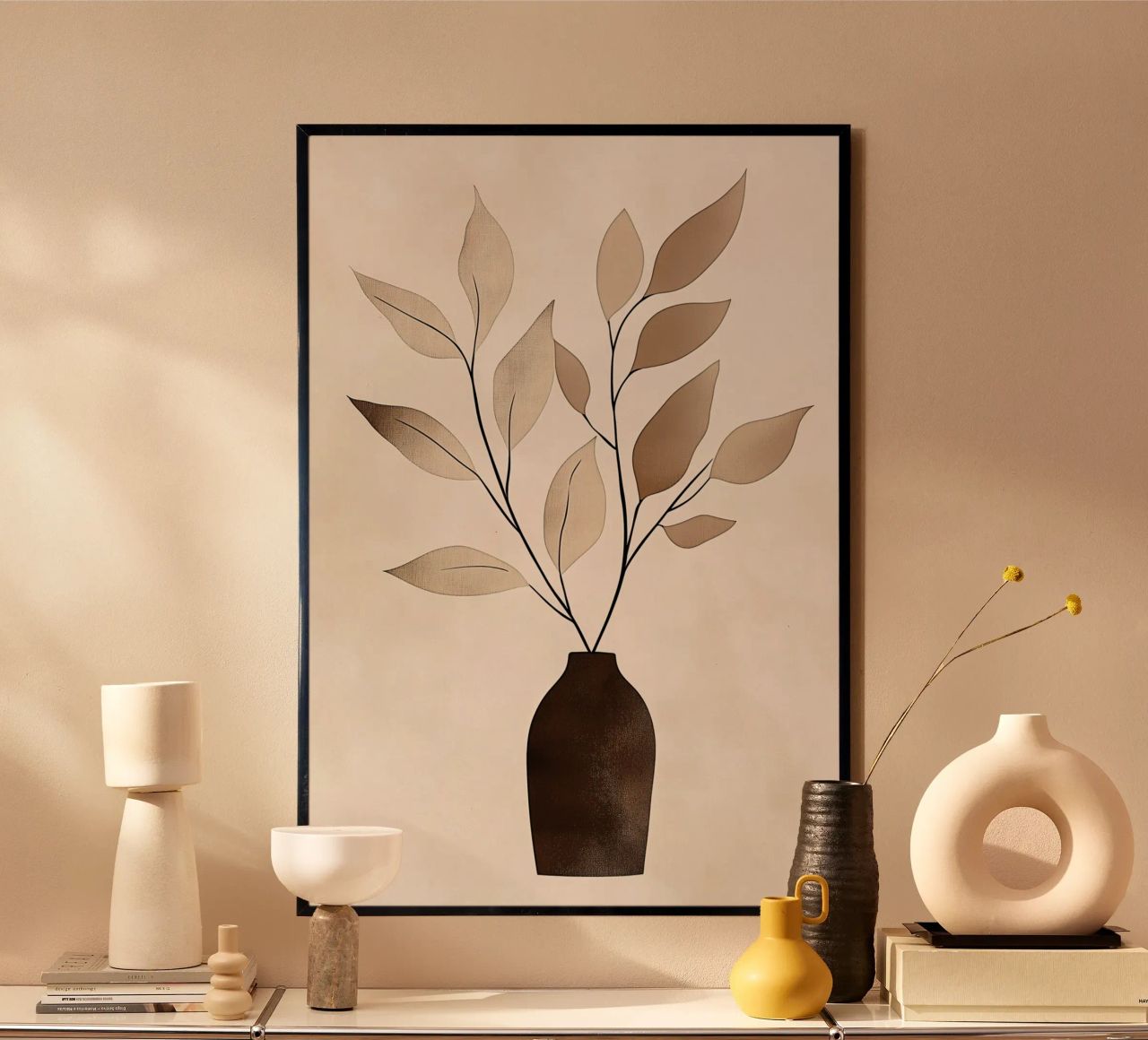 Beiger Blätterzweig mit Vase Poster von Carinaprint