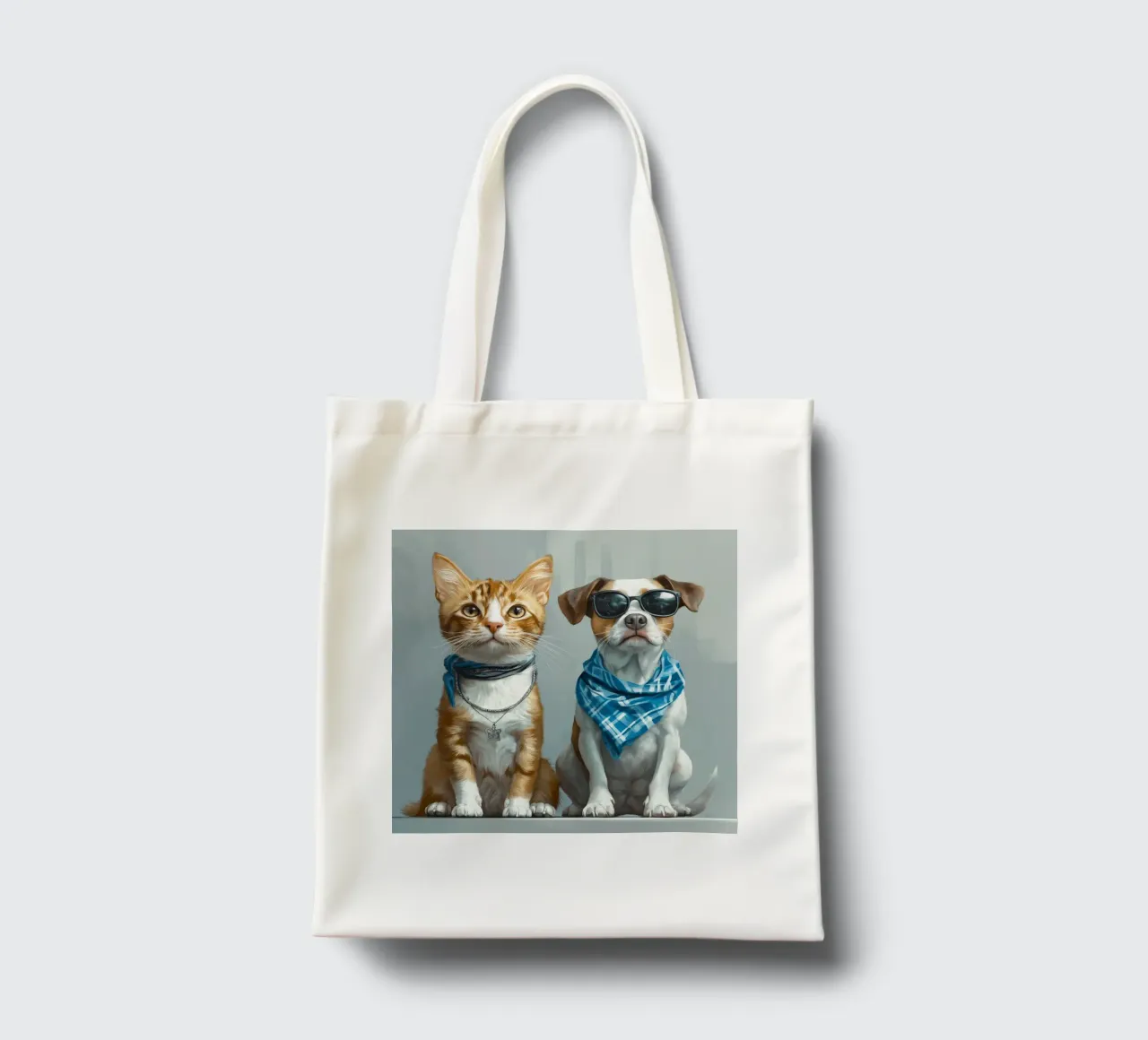 Gatto con fazzoletto e cane con occhiali da sole borsa in juta da Motivate-Today