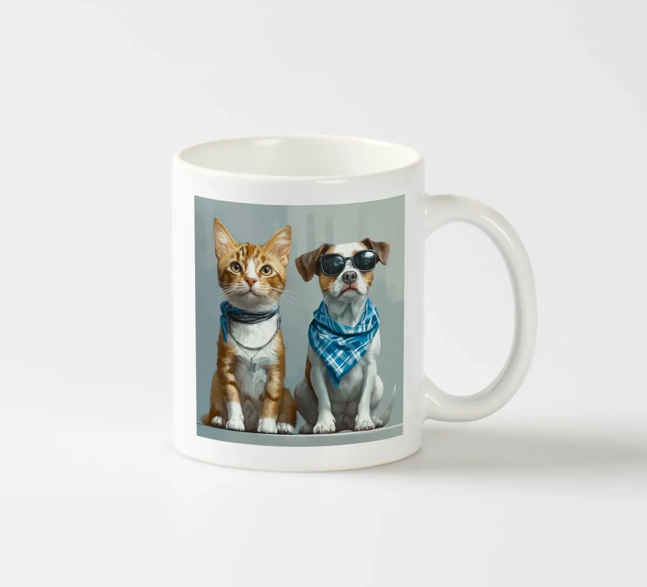 Gatto con fazzoletto e cane con occhiali da sole tazza in ceramica da Motivate-Today