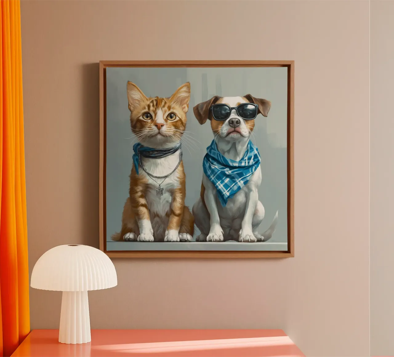 Gatto con fazzoletto e cane con occhiali da sole tela con Cornice a cassetta da Motivate-Today