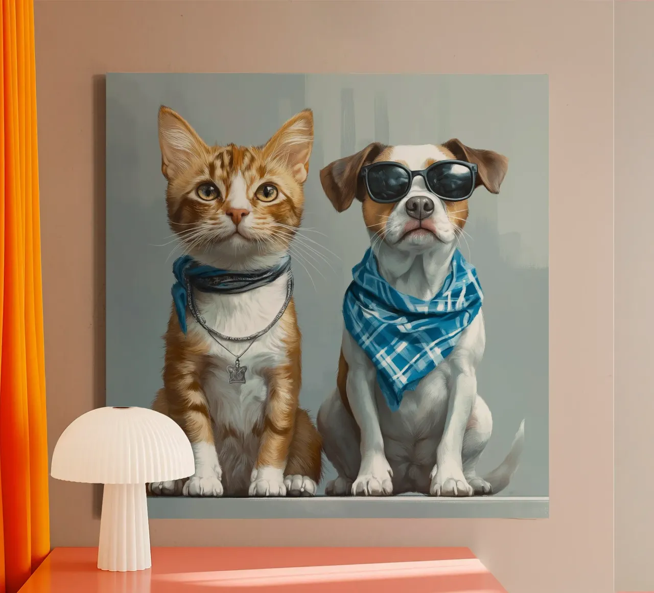 Gatto con fazzoletto e cane con occhiali da sole tela con Cornice a cassetta da Motivate-Today