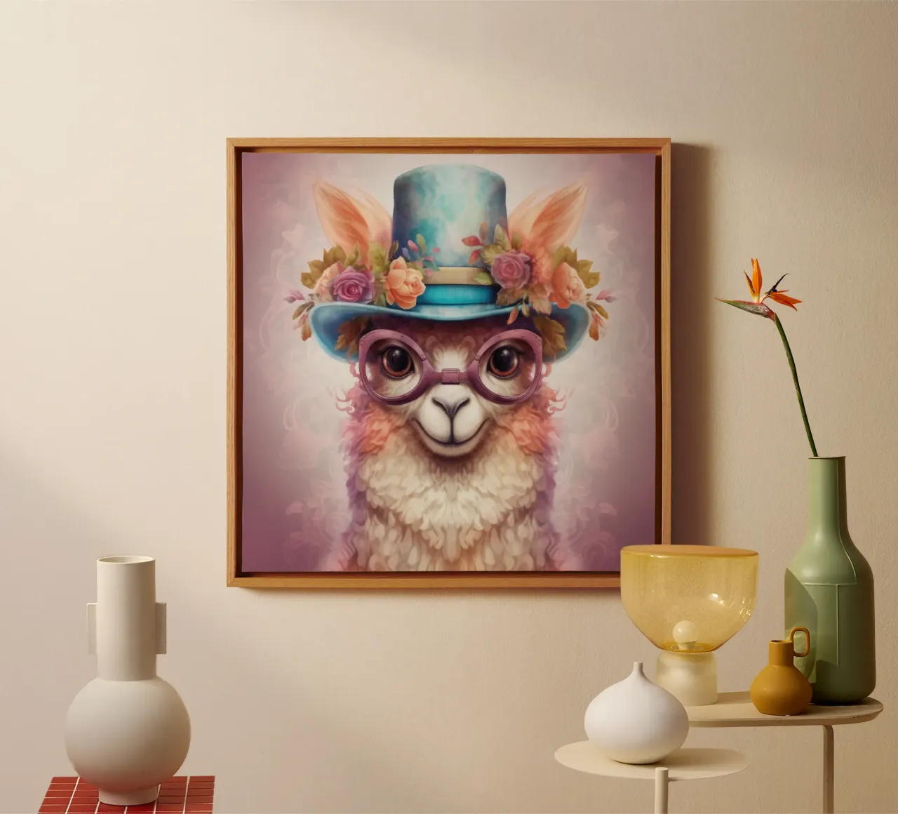 Retro Magical Alpaca canvas with Floater frame by Funny Animals