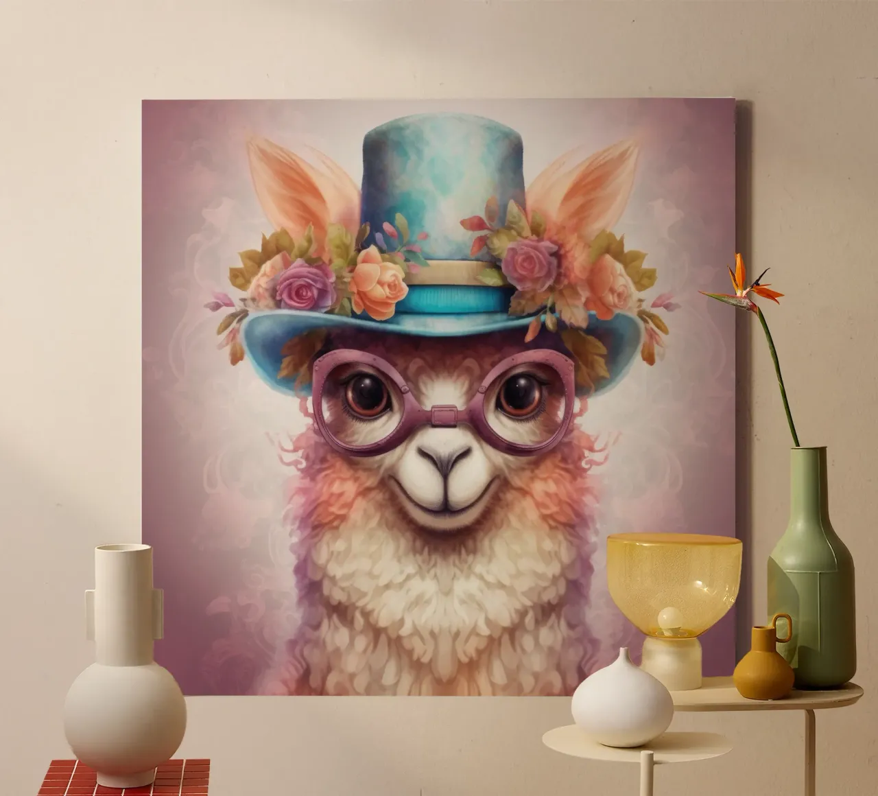 Retro Magical Alpaca canvas with Floater frame by Funny Animals