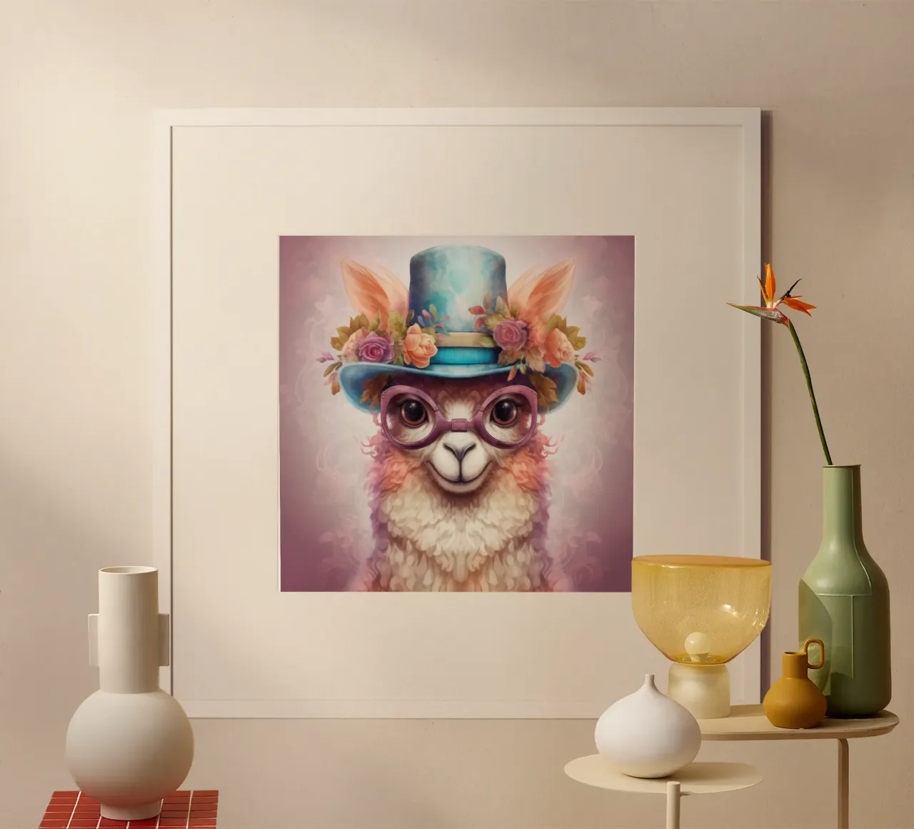 Alpaca magica retrò poster con telaio in legno da Funny Animals