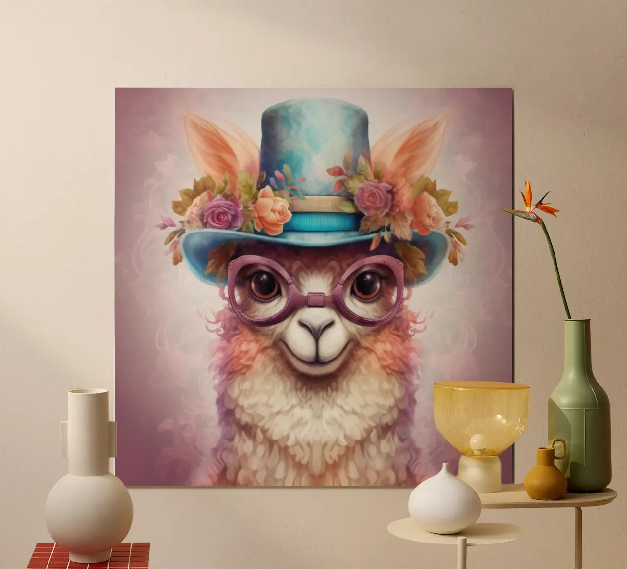 Alpaca magica retrò poster con telaio in legno da Funny Animals