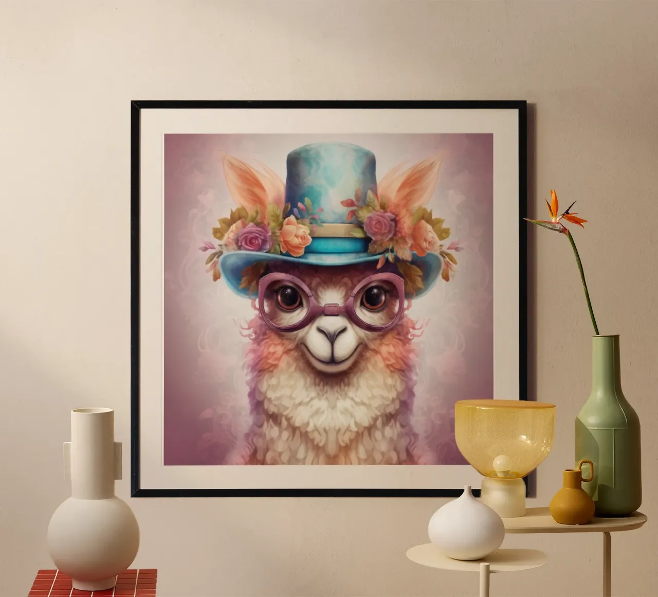 Alpaca magica retrò poster con telaio in legno da Funny Animals
