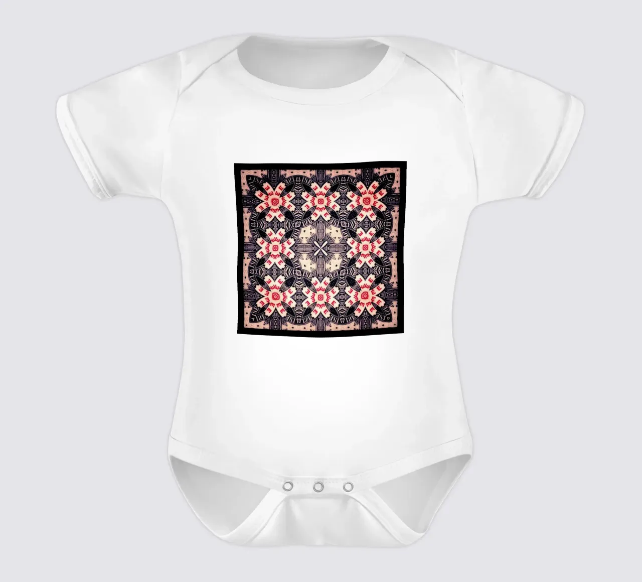 Zanzibar Red short-sleeve baby romper by Ballack Art House