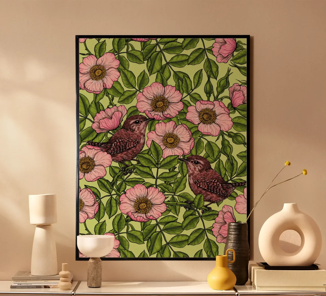 Troglodytes dans les rosiers sauvages poster de Painted Nature