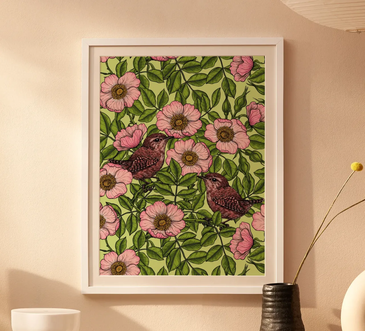 Troglodytes dans les rosiers sauvages poster de Painted Nature