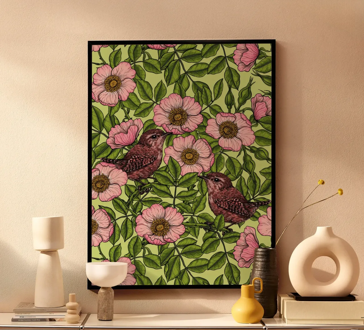 Troglodytes dans les rosiers sauvages poster de Painted Nature