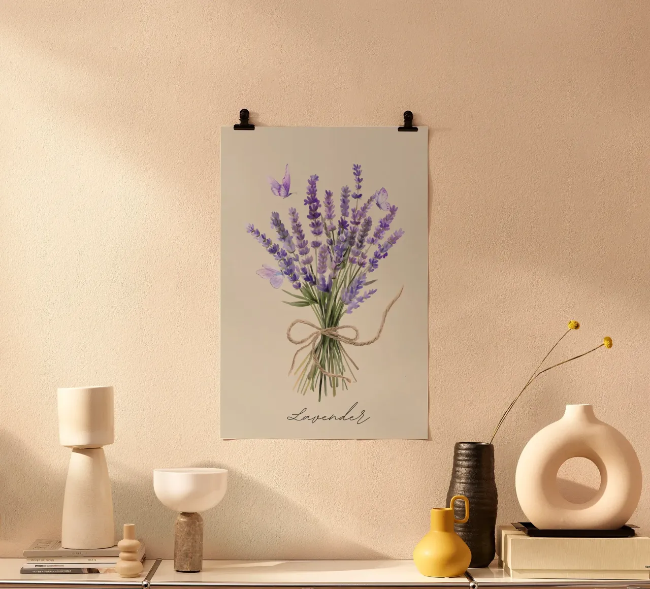 Lavender-Butterflies-Violett poster con telaio in legno da AESTHETIC VIBES by Isabel