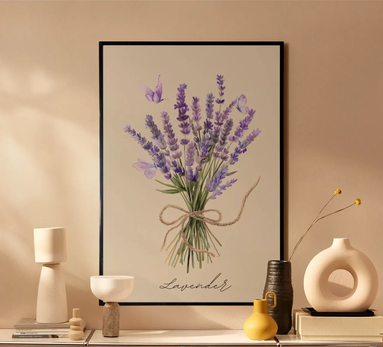 Lavender-Butterflies-Violett poster con telaio in legno da AESTHETIC VIBES by Isabel