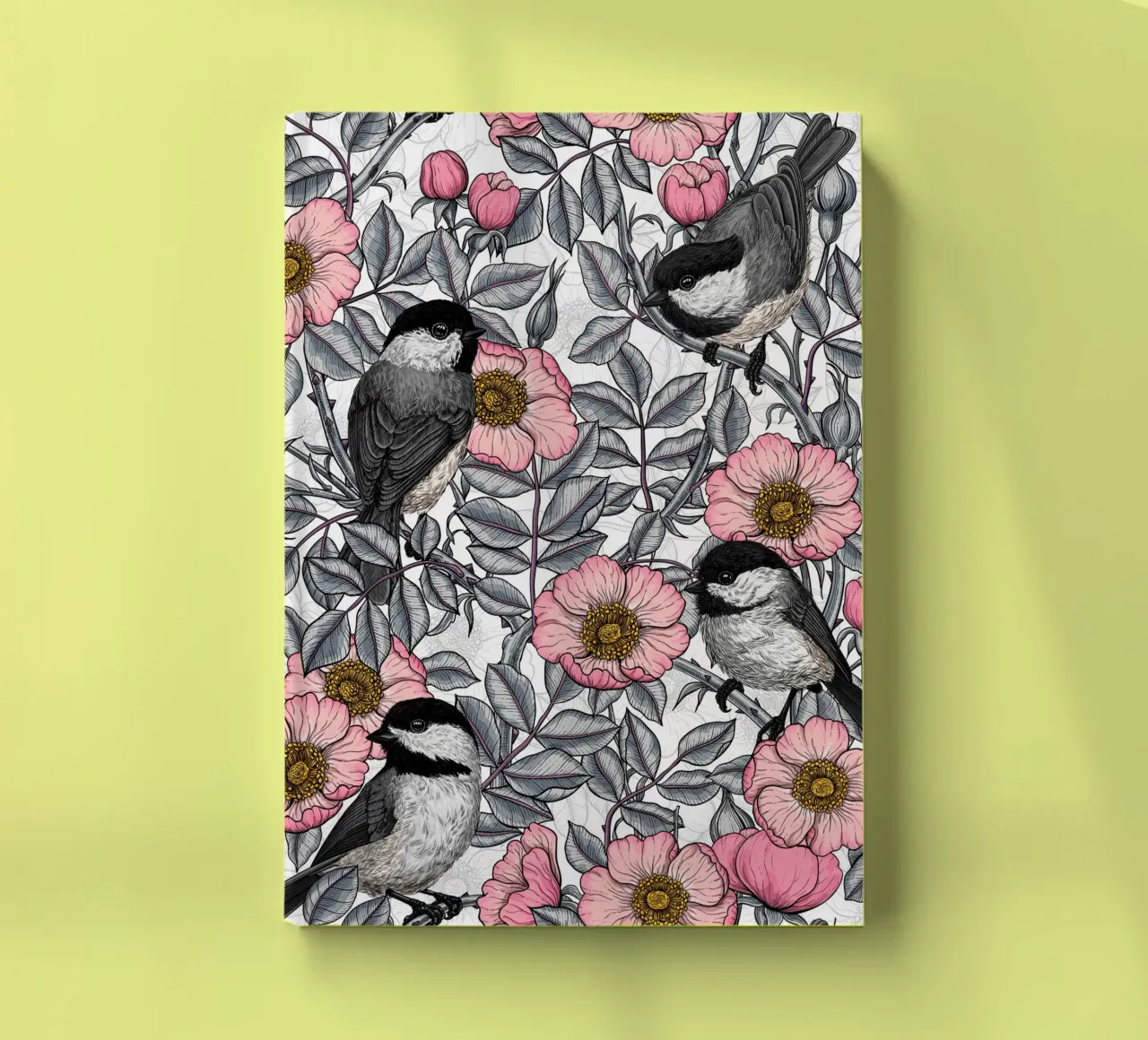 Chickadees in the wild rose, pink and gray notebook by Painted Nature