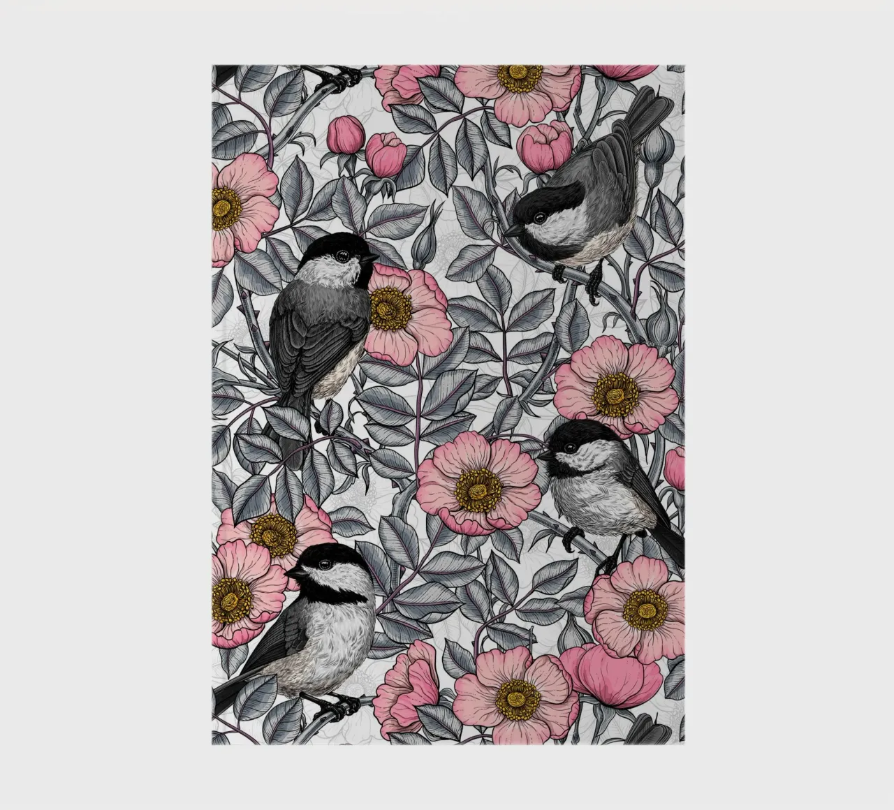Chickadees in the wild rose, pink and gray notebook by Painted Nature