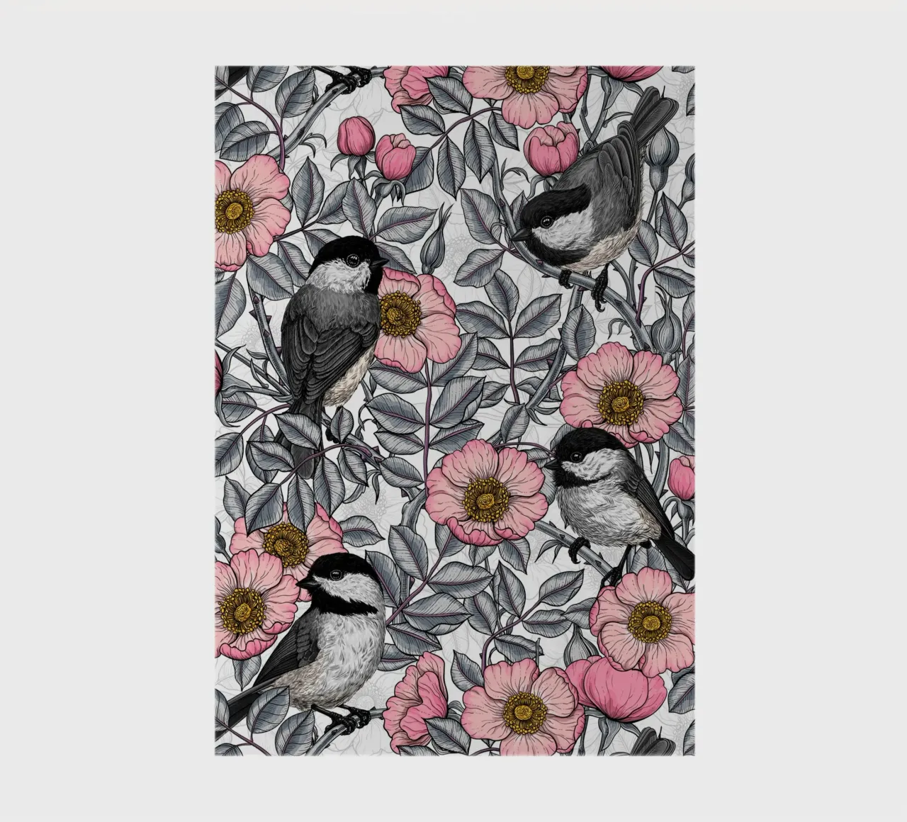 Chickadees in the wild rose, pink and gray notebook by Painted Nature