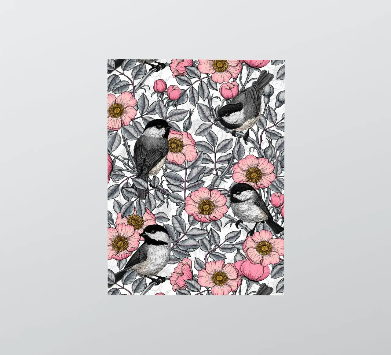 Chickadees in the wild rose, pink and gray sticker by Painted Nature